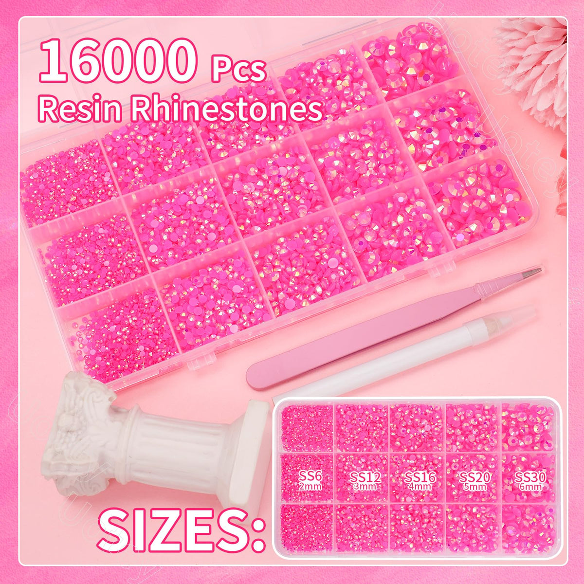 Uotey open grid overview displaying mixed-size hot pink rhinestones for easy selection