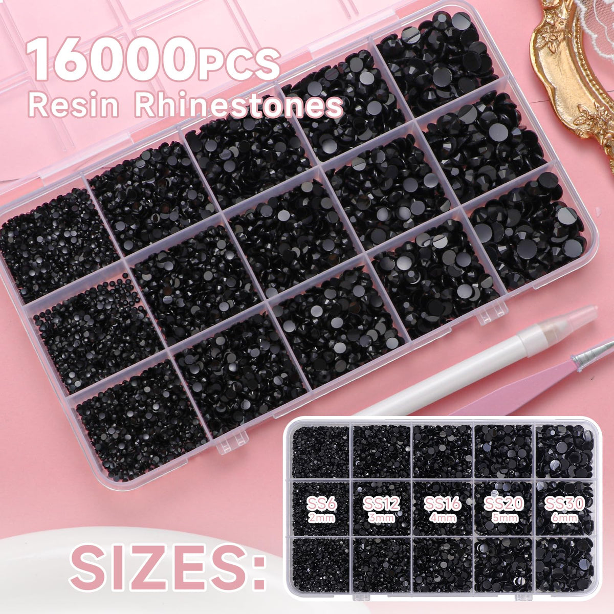 Close-up of mixed-size black Uotey rhinestones highlighting iridescent AB finish for sparkle