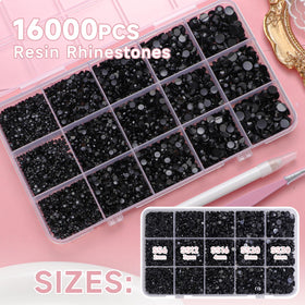 Close-up of mixed-size black Uotey rhinestones highlighting iridescent AB finish for sparkle