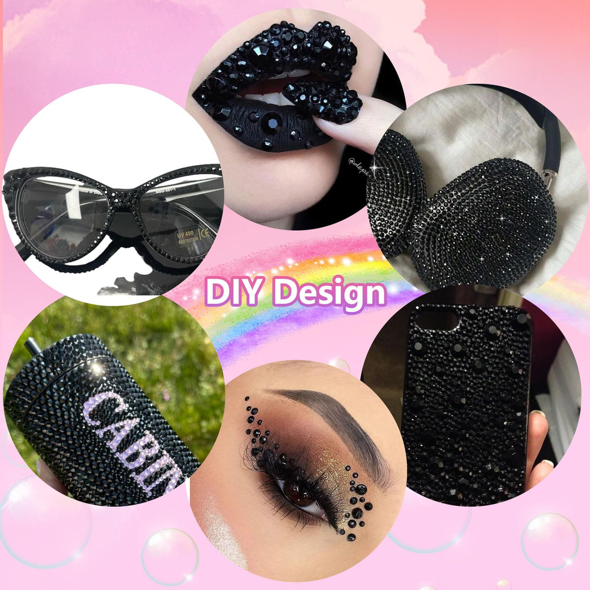 Hand applying Uotey black rhinestones to nail art showing neat, sparkling results
