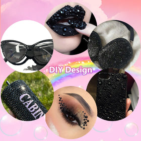 Hand applying Uotey black rhinestones to nail art showing neat, sparkling results