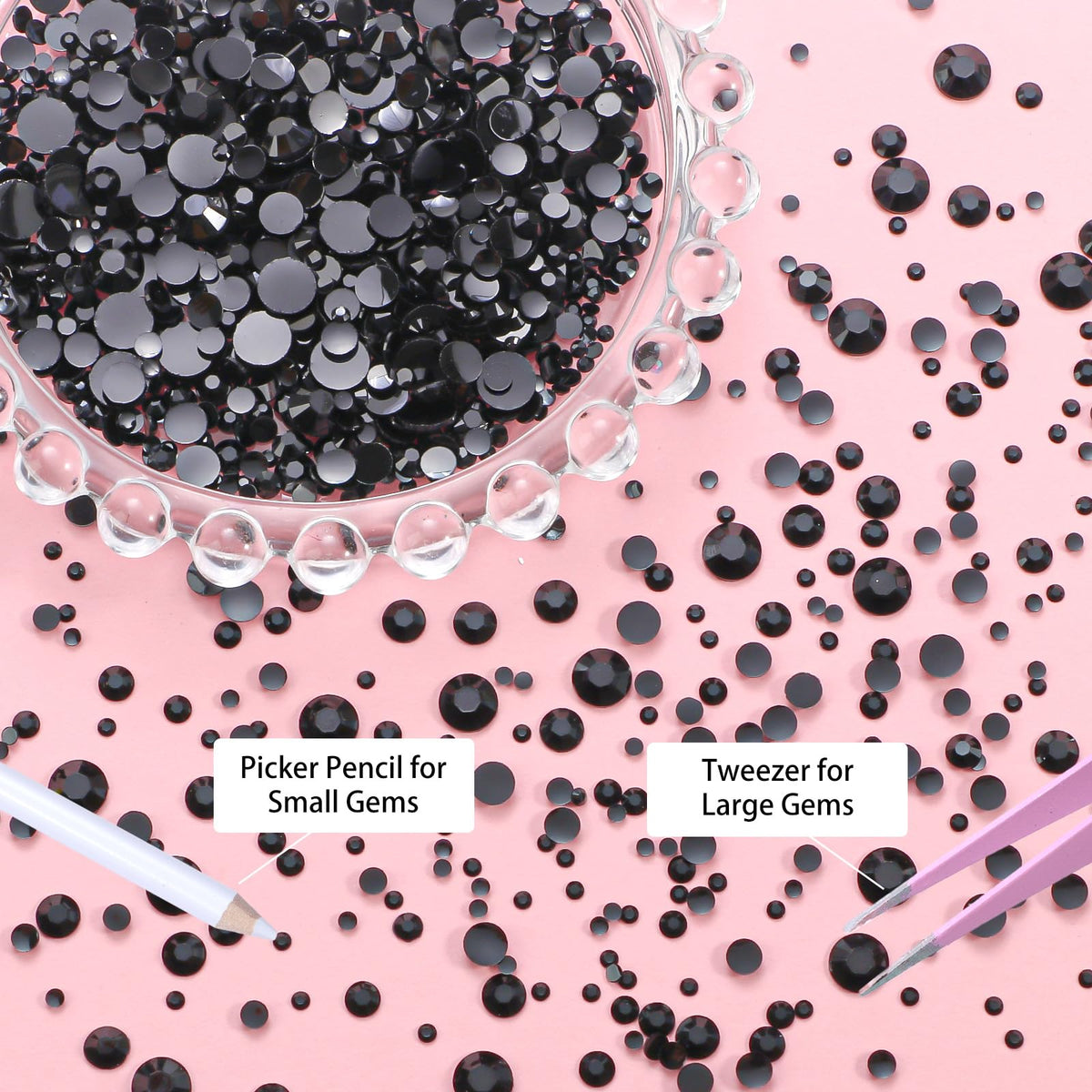 Uotey pickup pen and tweezers with rhinestones demonstrating precise placement benefit