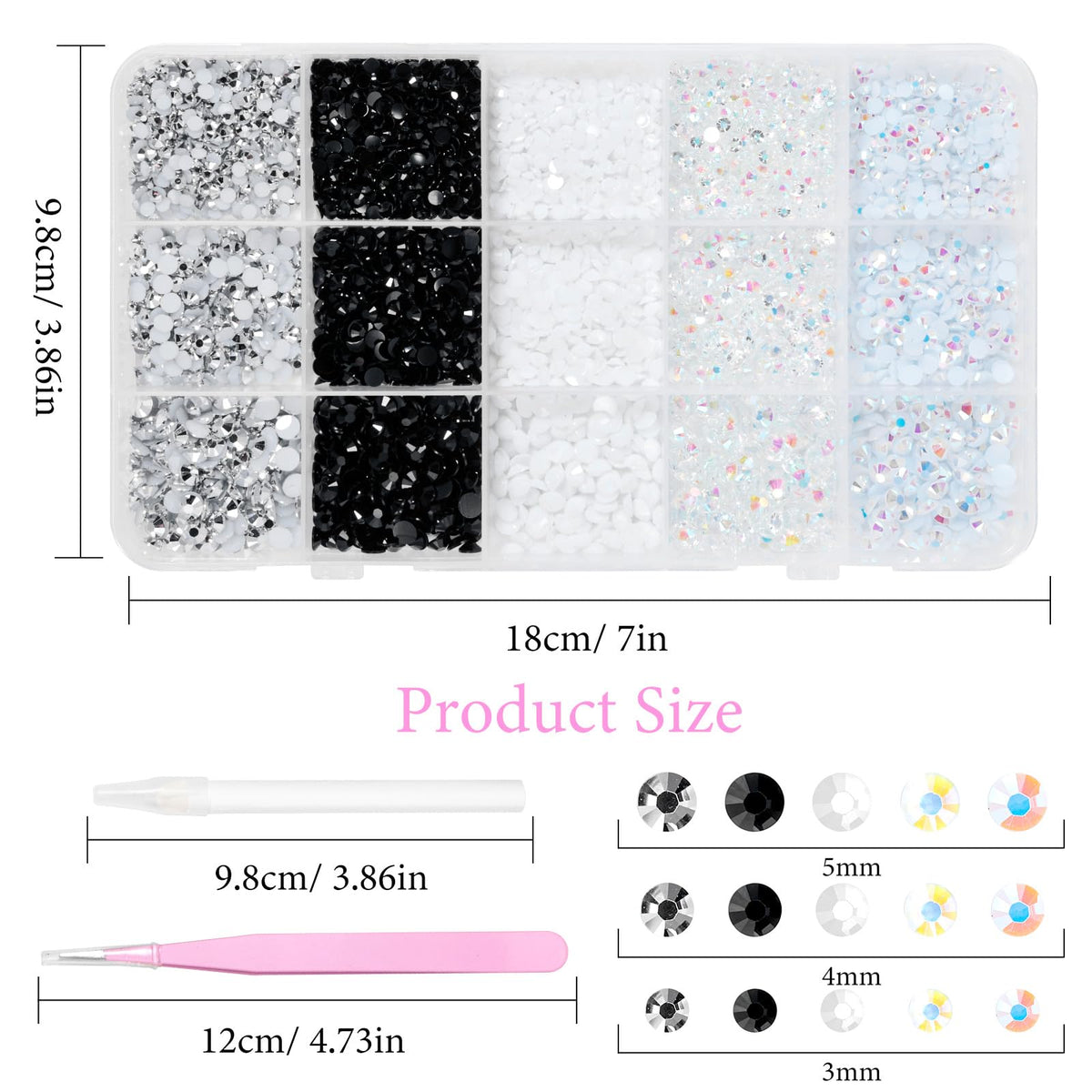 Uotey size comparison of 3mm 4mm 5mm rhinestones for design planning