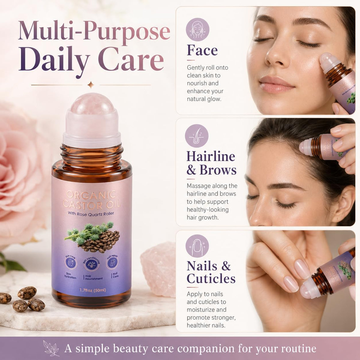 UOZXIL roller applying oil to brow demonstrating precise targeted conditioning