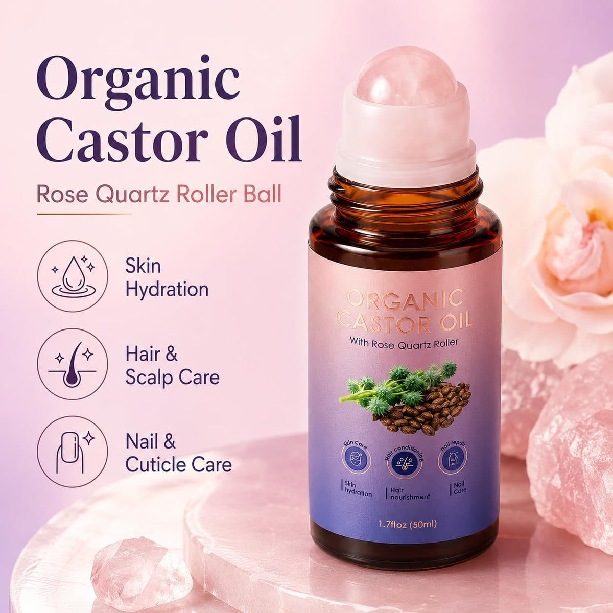 UOZXIL rose quartz roller close-up showing cooling stone for smooth application