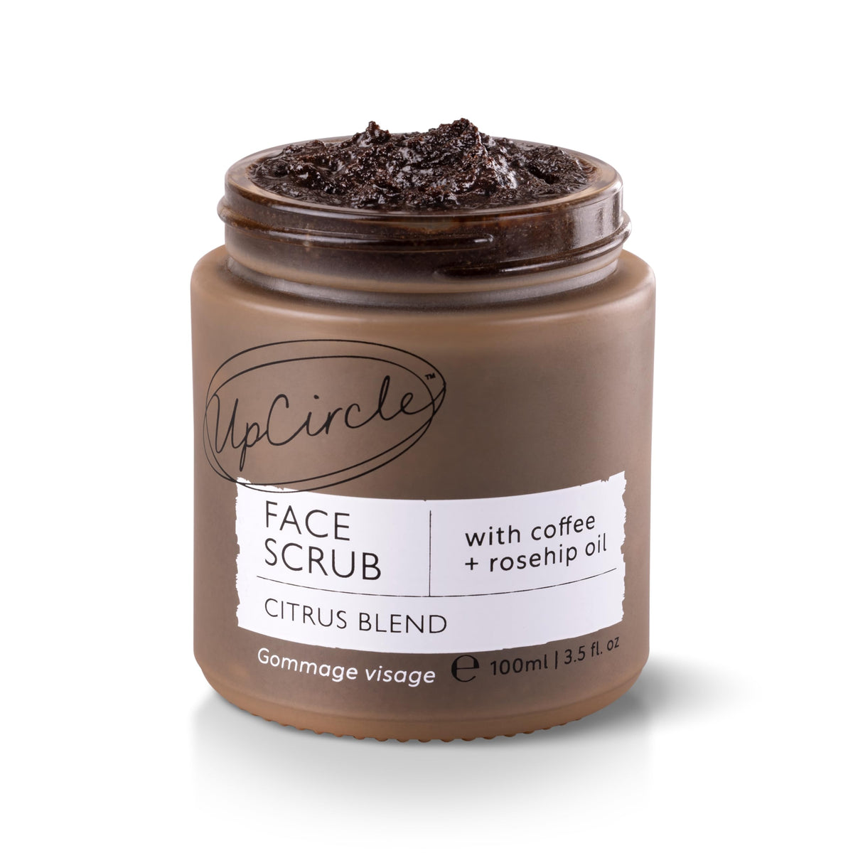 UpCircle coffee face scrub front packaging showing jar and citrus label benefit: recyclable glass jar