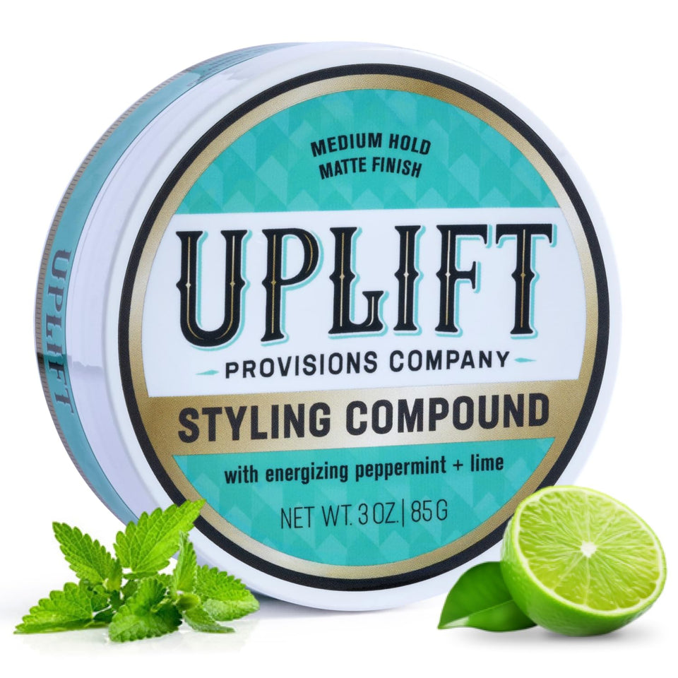 Uplift Provisions front jar showing branding and matte styling benefit