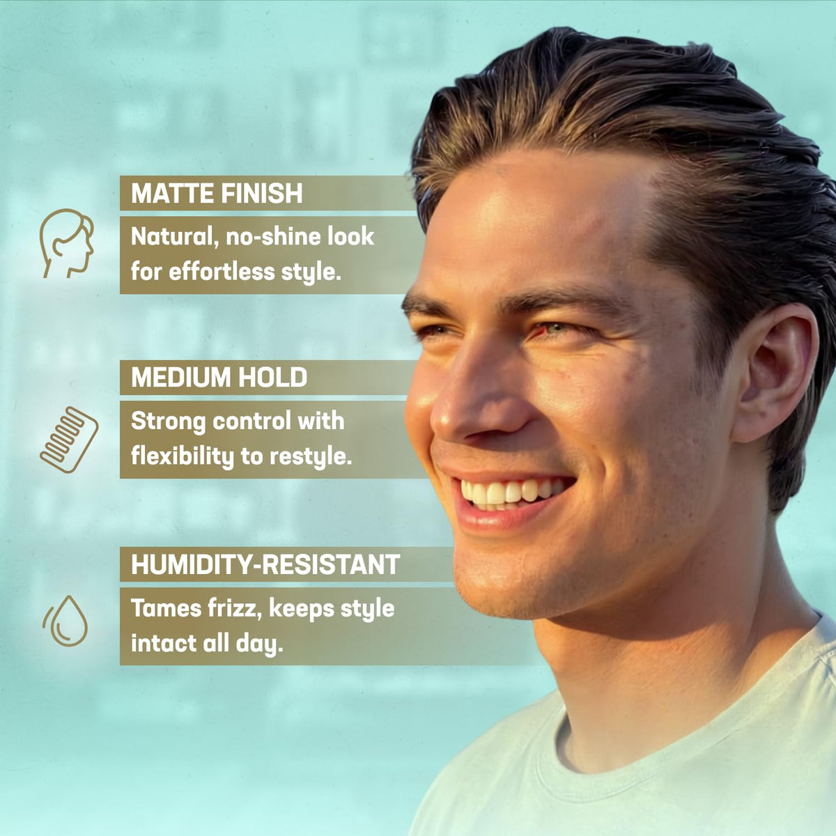 Uplift Provisions styled hair side profile showing matte finish and definition