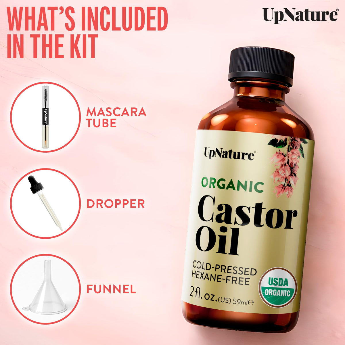 UpNature 2oz bottle next to everyday items to show compact travel size