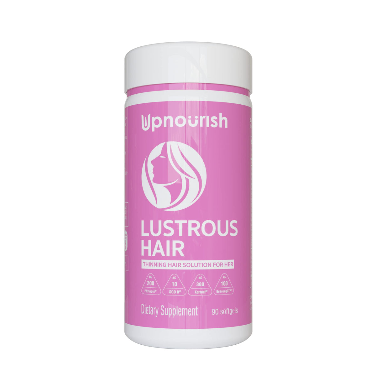 UpNourish front packaging showing bottle and 90 ct, highlights complete formula