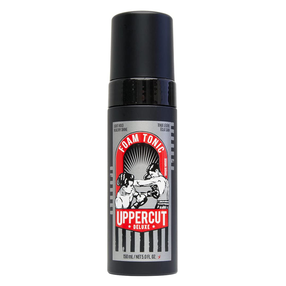 UPPERCUT DELUXE front view of foam tonic bottle showing packaging and size benefit
