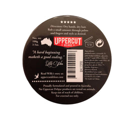 UPPERCUT DELUXE label close-up highlighting barber-grade formulation and scent