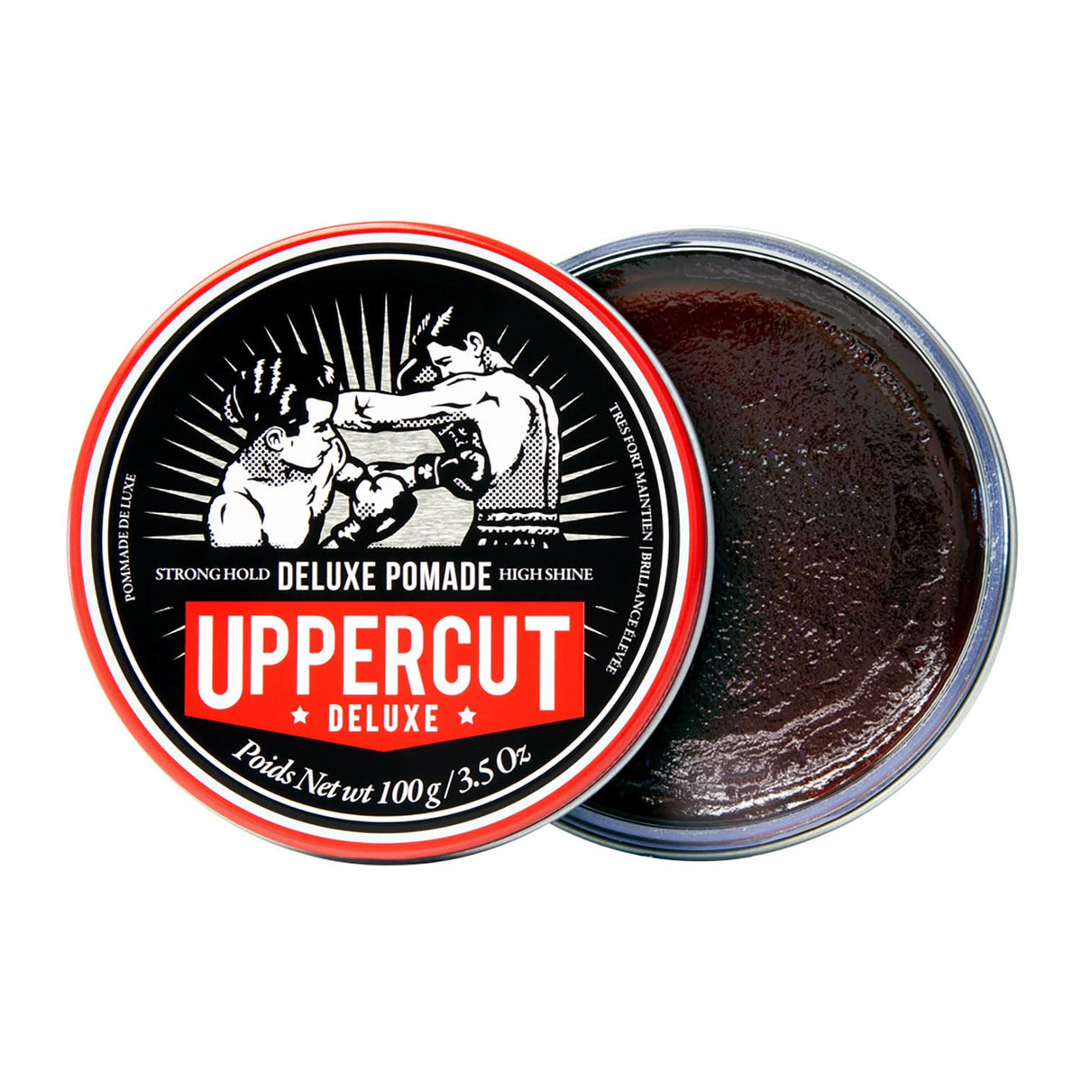 UPPERCUT DELUXE tin beside ruler for scale showing generous 300g size benefit