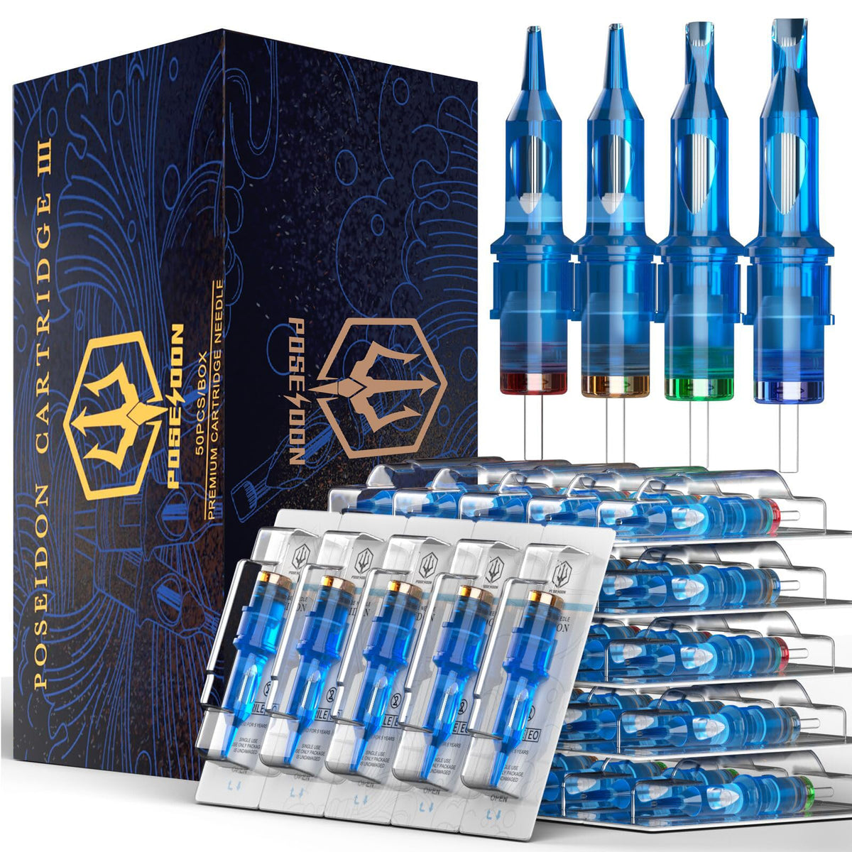 UPTATSUPPLY Poseidon V3 front packaging showing 50 sterile cartridges, clear organization benefit