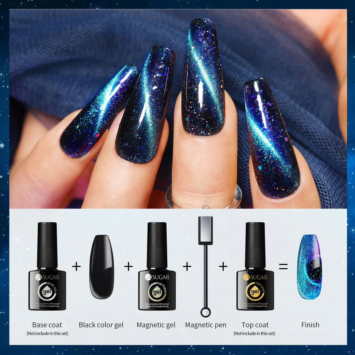 UR SUGAR finished manicure on model displaying mixed glitter and magnet effects