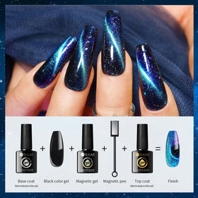 UR SUGAR finished manicure on model displaying mixed glitter and magnet effects