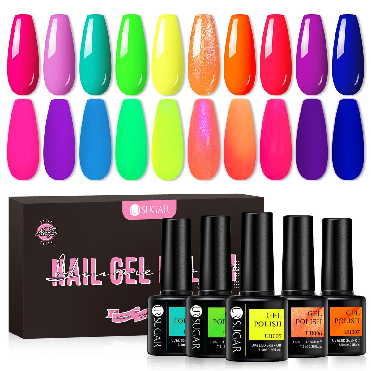 UR SUGAR front packaging showing ten neon gel bottles and vibrant display benefits quick selection