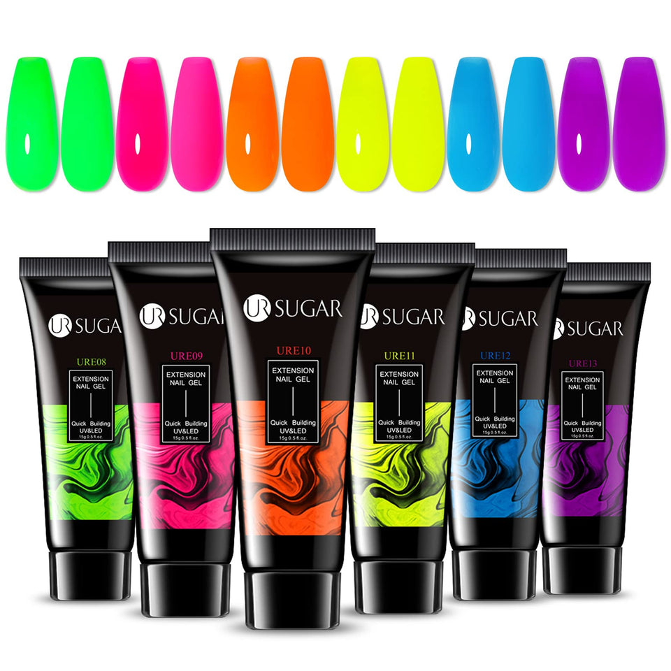 UR SUGAR front packaging showing six neon poly gel pots and neat gift box benefit ready gifting