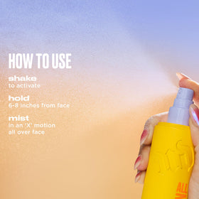 Urban Decay setting spray with makeup flatlay showing priming and blending benefit
