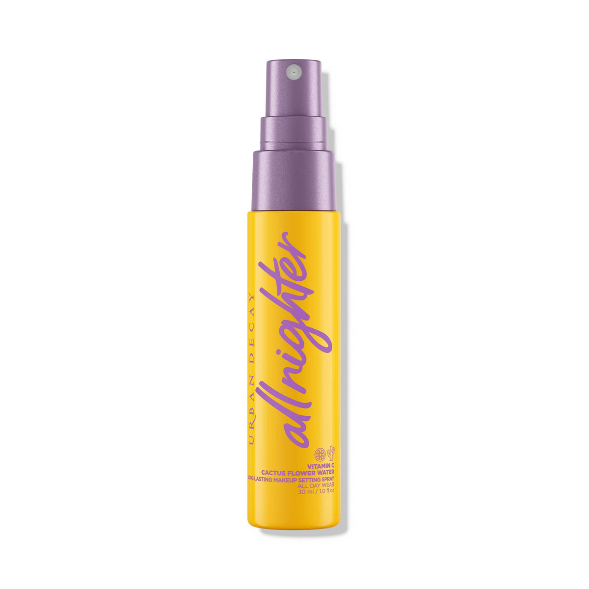Urban Decay travel-size bottle front view showing compact design and long-wear benefit