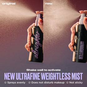 Urban Decay duo bottles held in hand showing travel scale and portability benefit