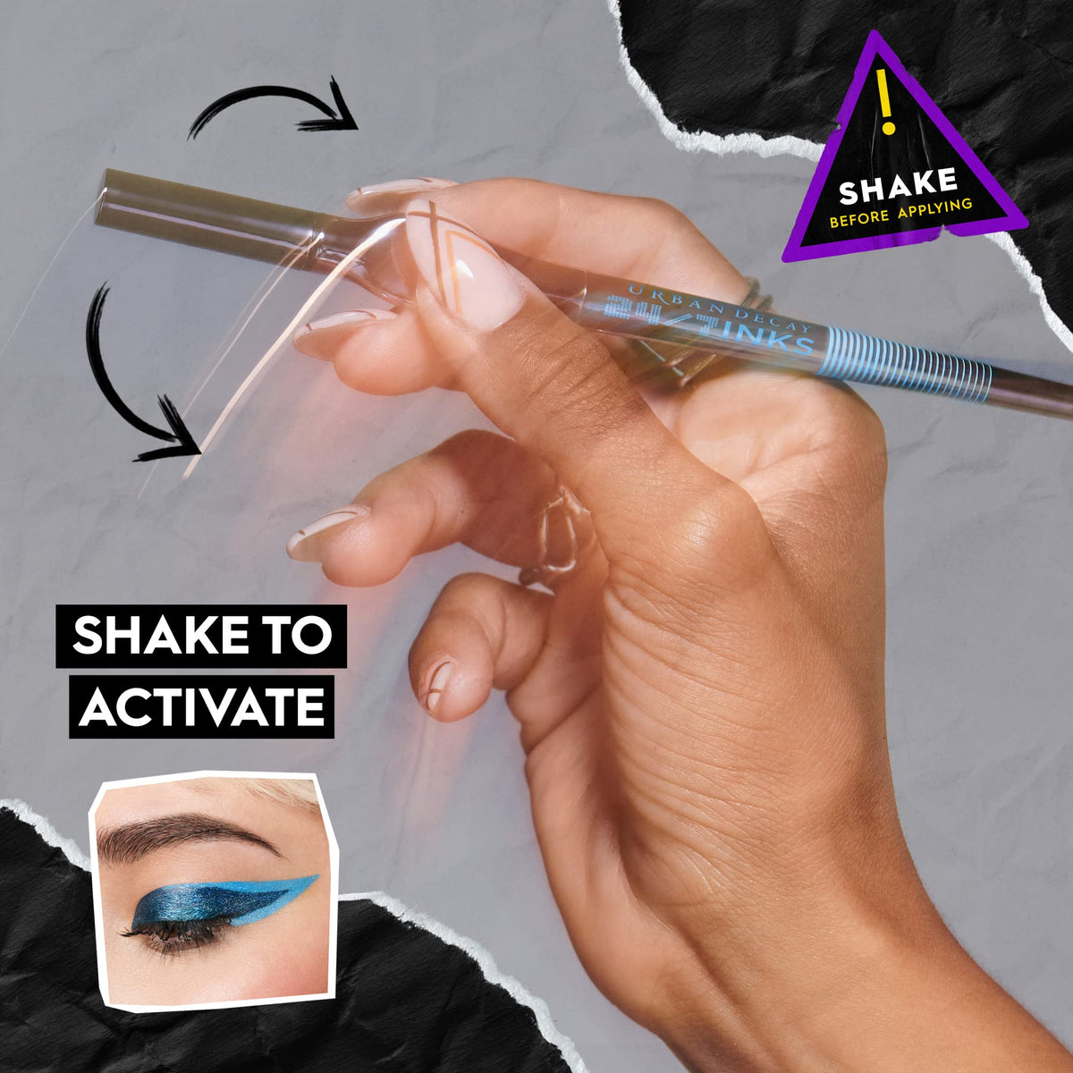 URBAN DECAY winged eyeliner on model showcasing bold matte black finish