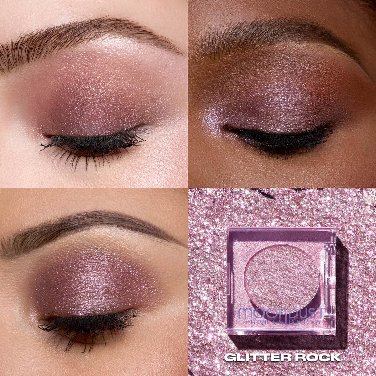 Urban Decay pan close-up displaying micro-fine glitter and smooth application benefit