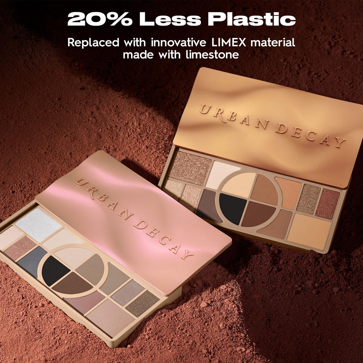 Urban Decay palette next to makeup brush showing compact size and travel-friendly benefit