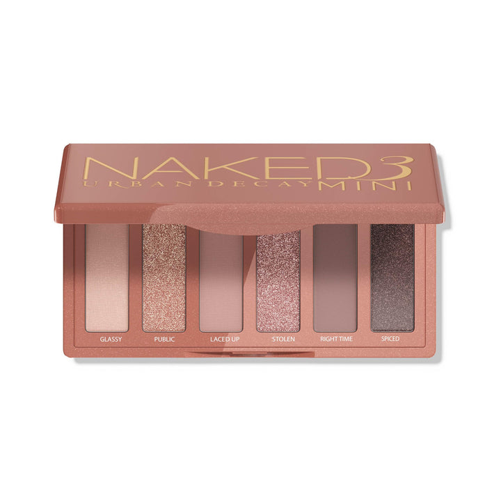 URBAN DECAY front view of Naked 3 Mini palette showing six rosy shades and compact case for travel