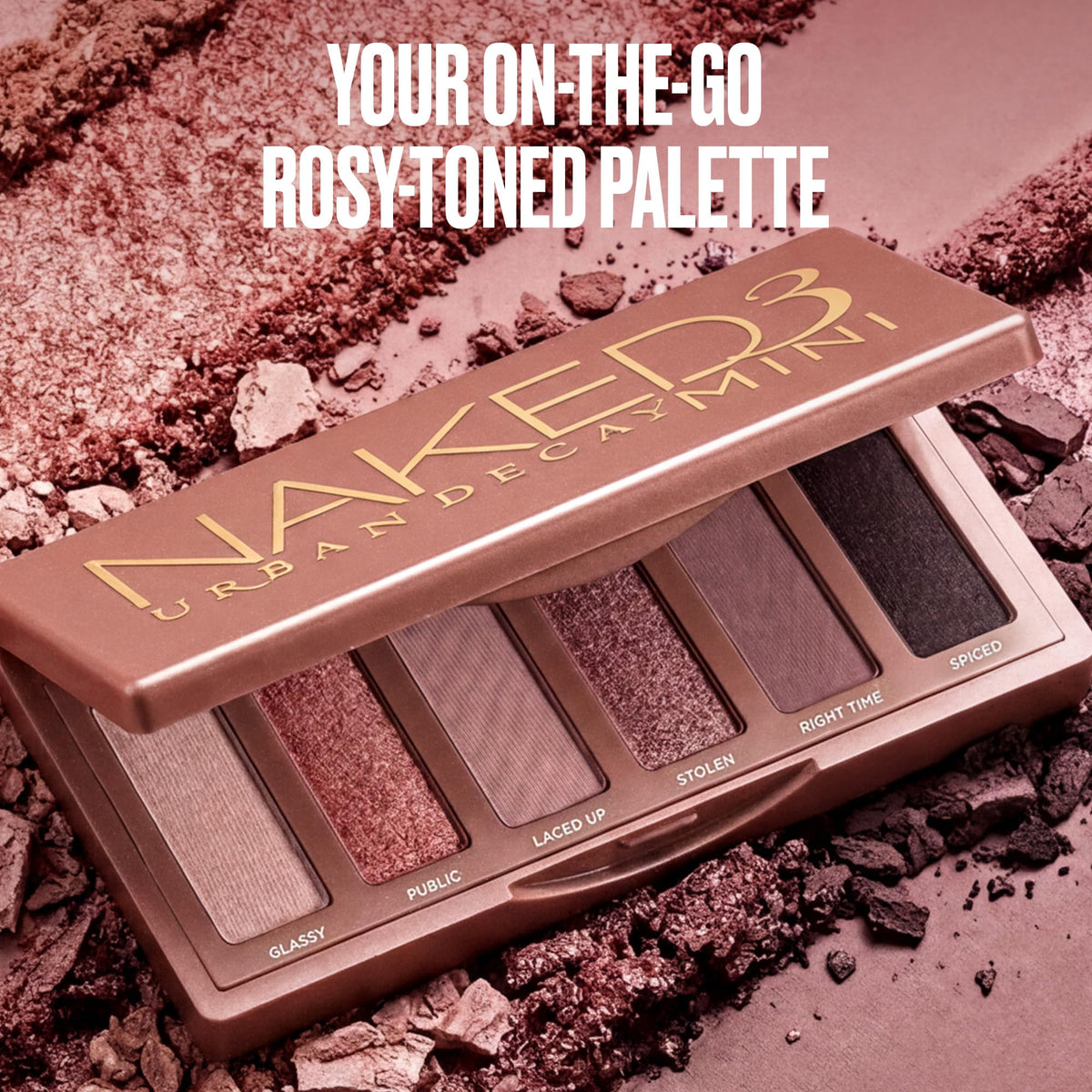 URBAN DECAY close-up swatches of Naked 3 Mini shades showing pigment payoff and color range