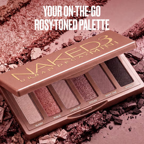 URBAN DECAY close-up swatches of Naked 3 Mini shades showing pigment payoff and color range