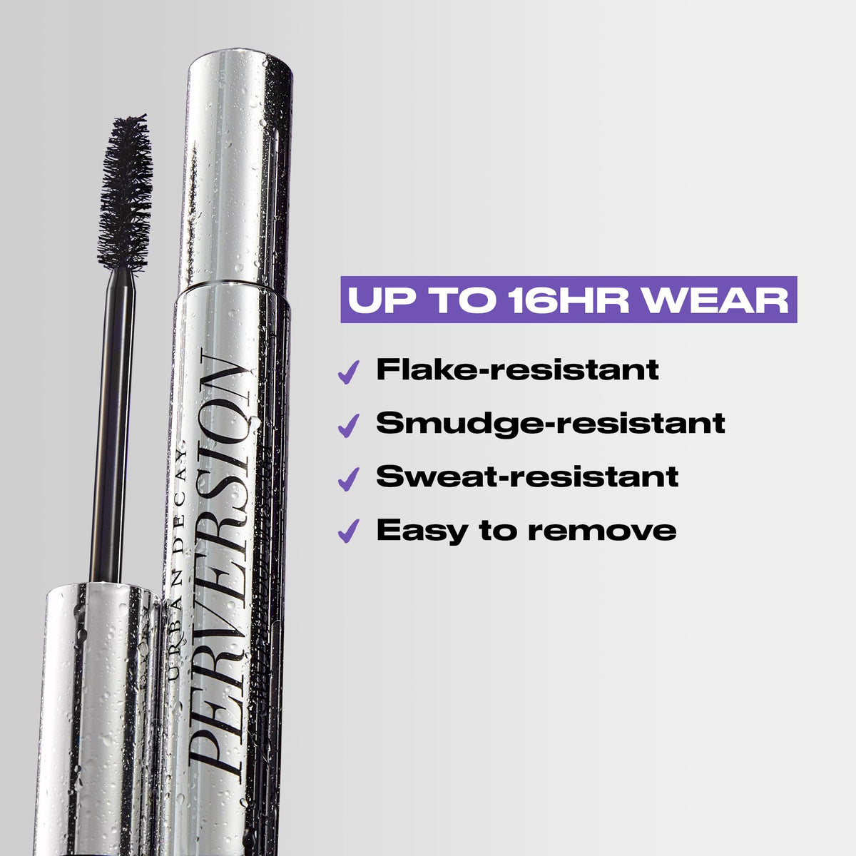 Urban Decay mascara swiped on lashes closeup showing intense black pigment and fanned lash effect