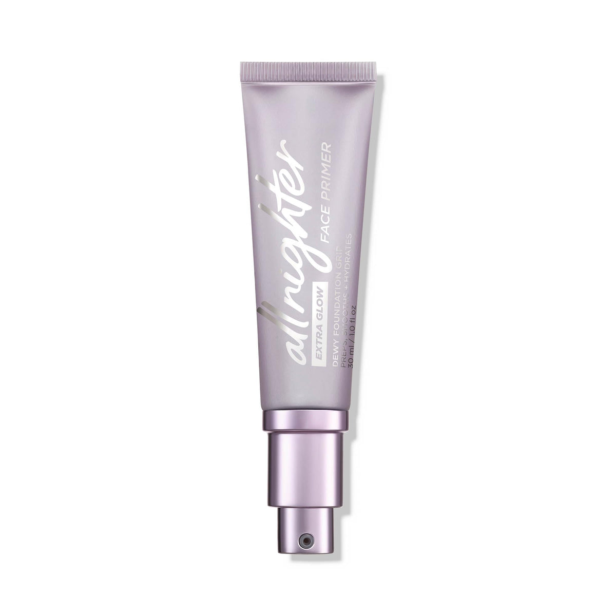 Urban Decay All Nighter Extra Glow primer front packaging shows bottle and label for quick ID and shelf appeal