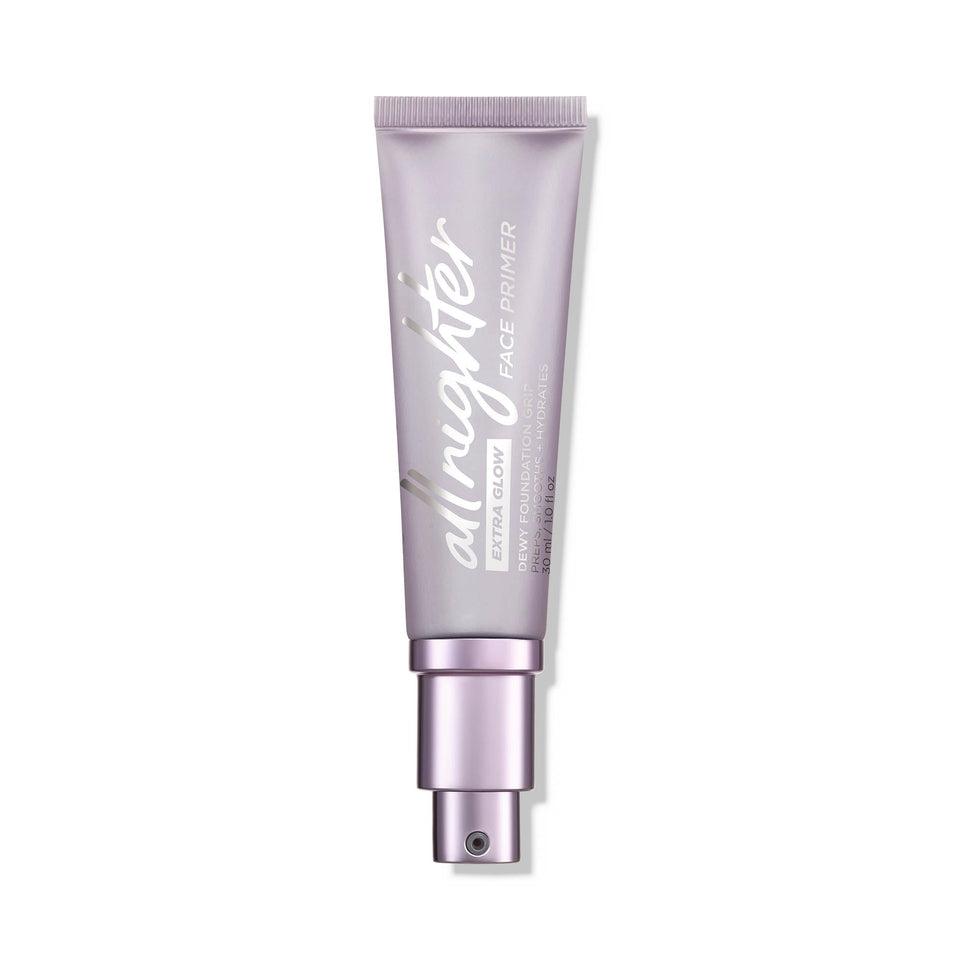 Urban Decay All Nighter Extra Glow primer front packaging shows bottle and label for quick ID and shelf appeal