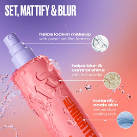 Urban Decay setting spray application on model locking makeup in place