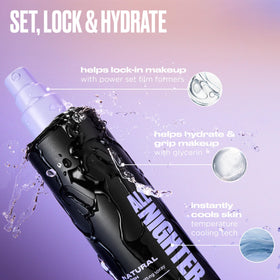 Urban Decay spray over finished makeup showing smudge-proof, transfer-resistant hold