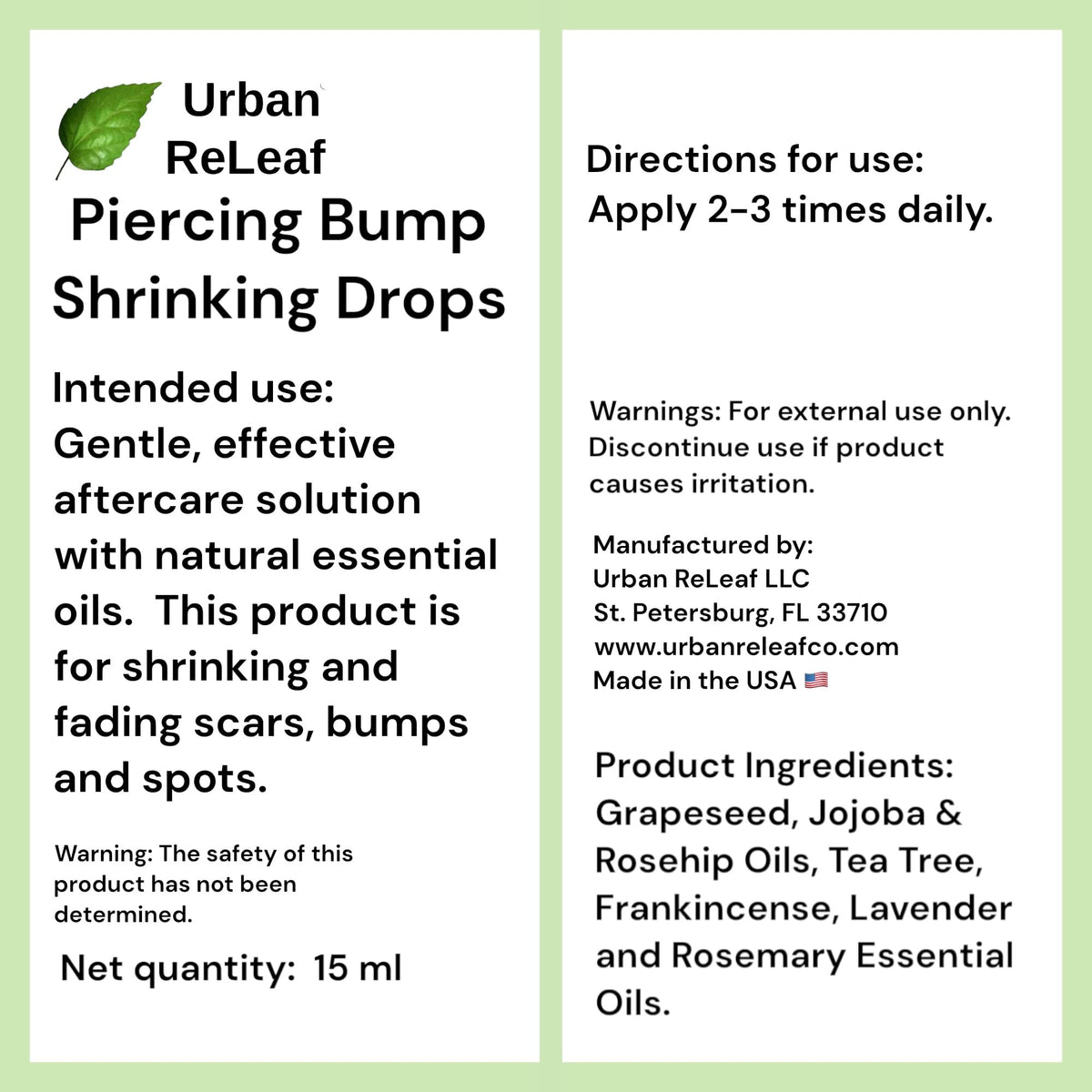 Urban ReLeaf back label with directions and made in USA mark providing product information