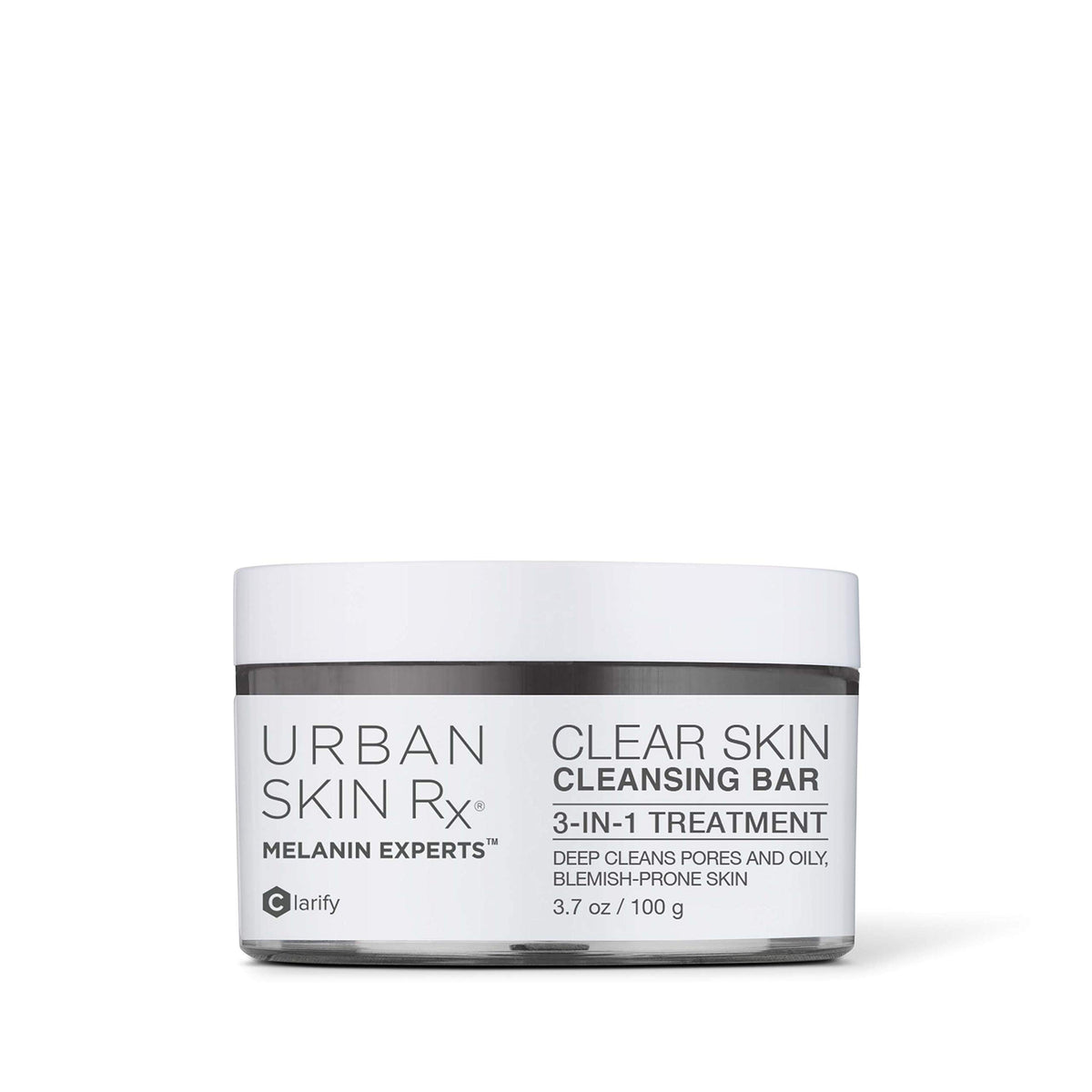 Urban Skin Rx cleansing bar front packaging showing size and labeling benefit: clarifies skin