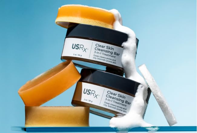 Urban Skin Rx cleansing bar in shower scene conveying daily routine oil-control benefit