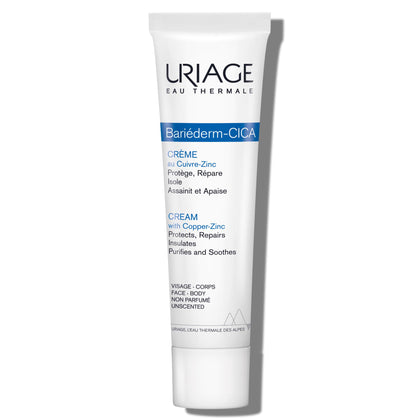 Uriage Bariéderm-CICA front tube showing product branding and calming benefit