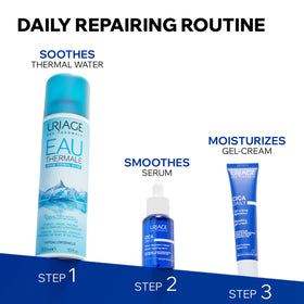 Uriage bottle with ingredient icons highlighting prebiotic and hyaluronic acid