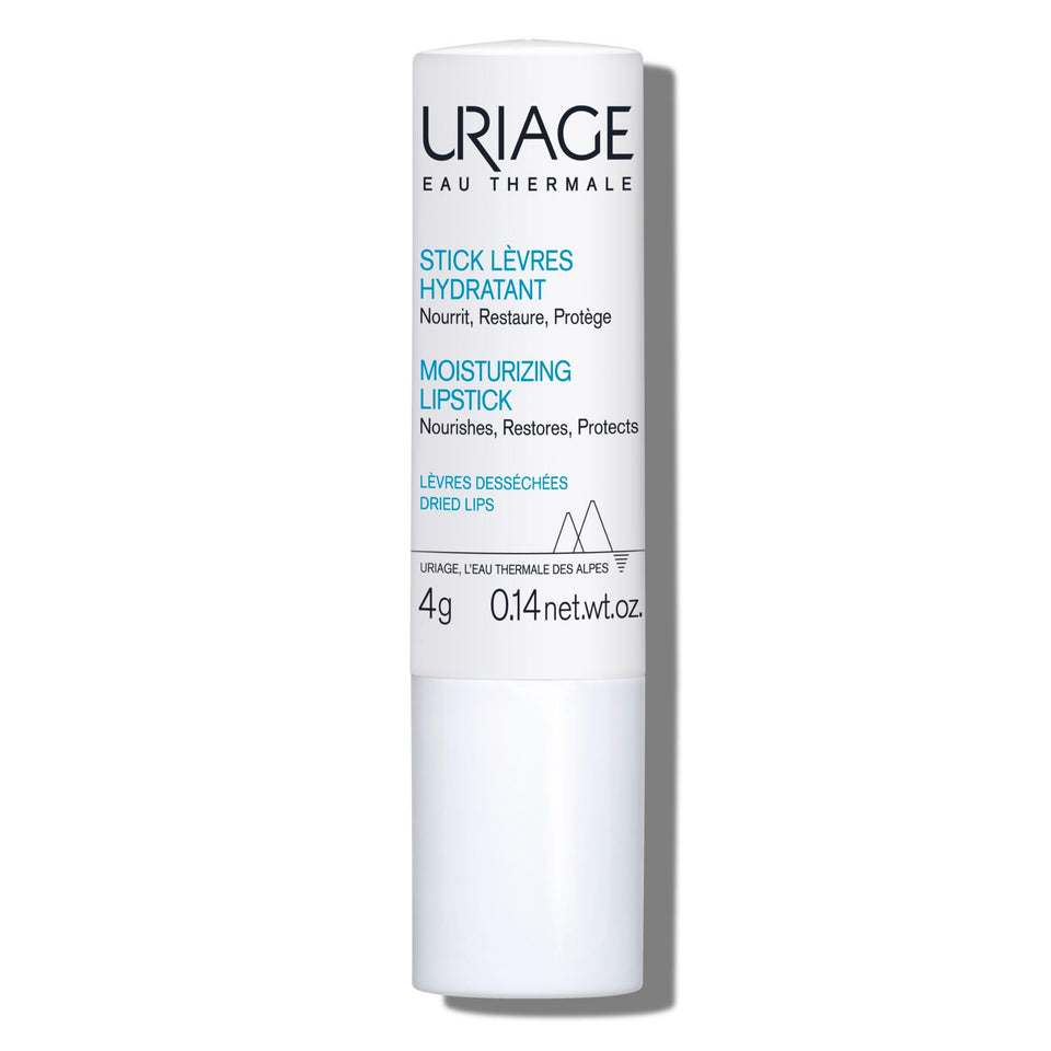 Uriage lip balm stick front view showing compact design and soft finish benefit
