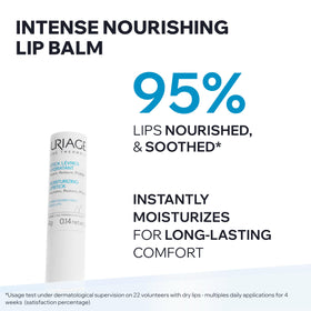Uriage lip balm texture close-up highlighting creamy, non-greasy hydration benefit