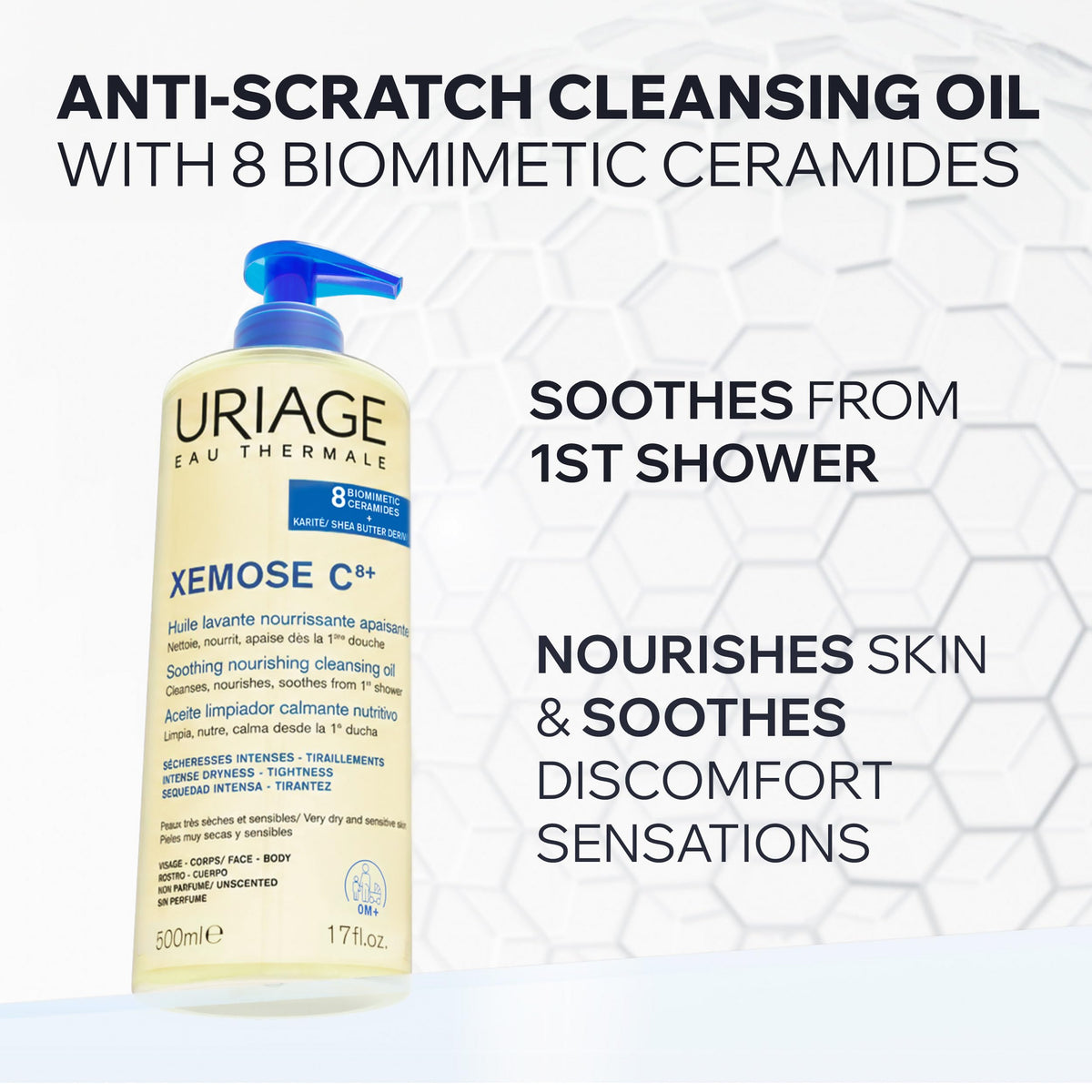 Uriage pump dispensing creamy foam, demonstrating easy application and mild cleanse