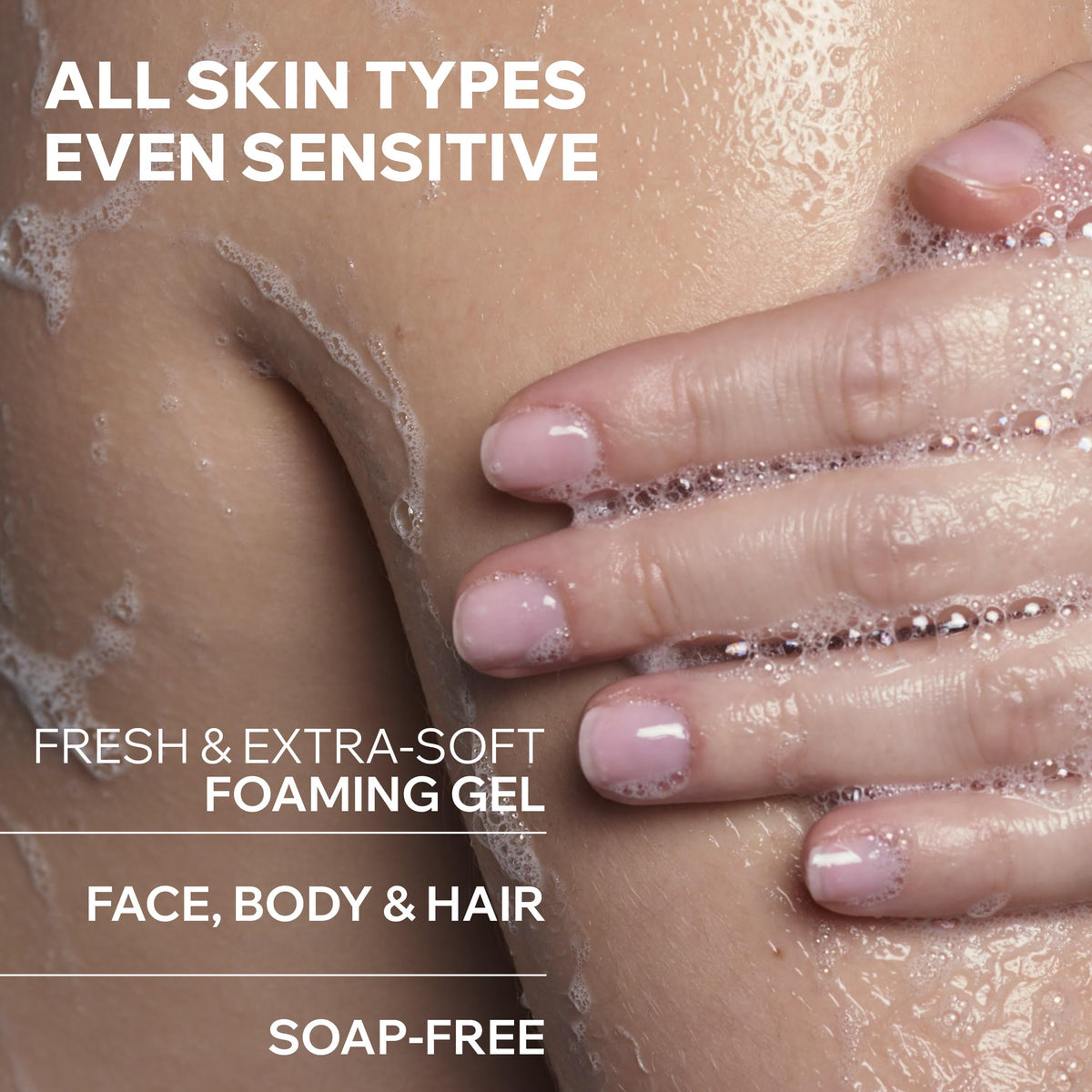 Uriage gel dispensed into hand demonstrating gentle foaming action