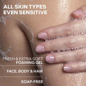 Uriage gel dispensed into hand demonstrating gentle foaming action