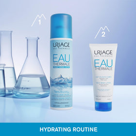 Uriage bottle on bathroom counter for daily skincare routine