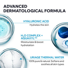 Uriage hyaluronic acid ingredient close-up, supports visible hydration benefits
