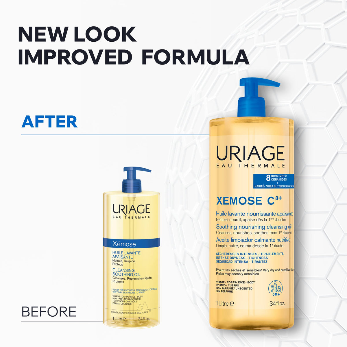 Uriage Xemose C8+ placed on bathroom shelf in soothing lifestyle scene
