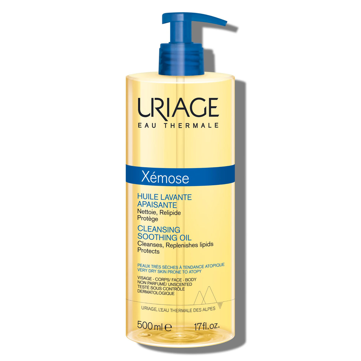 Uriage Xemose front pump bottle showing 1L packaging and family-friendly design